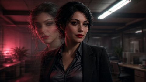 placeholder portrait: an uncanny, hand-made found-scan of an original adult woman in a blazer